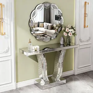 43 Inch Mirrored Console Table, Modern Silver Entryway Sofa Table with Curved Stone-Inlaid Legs, Silver Glam Entryway Table for Living Room, Modern Luxury Accent Table, Hallway Foyer Table