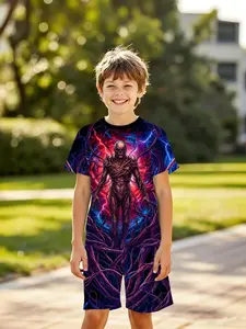Cute Cyberpunk Cartoon Character 3D Boys Short Sleeve Set, Outdoor Wear, Birthday Gift, Holiday Gift, Casual Slim-Fitting Shorts