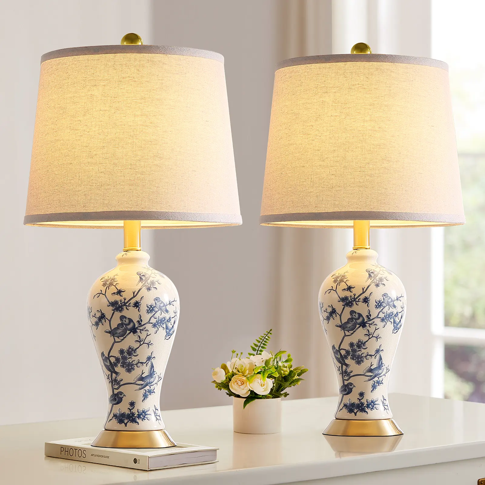2-Pack Farmhouse Ceramic Table Lamps with Linen Shades, Ambient Bedroom Decorative Indoor Lighting Fixture, Ambient Table Lamp, Bedroom Decor Lamp