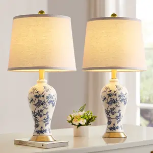 2-Pack Ceramic Table Lamps, Farmhouse Bedside Lamps with Linen Shade