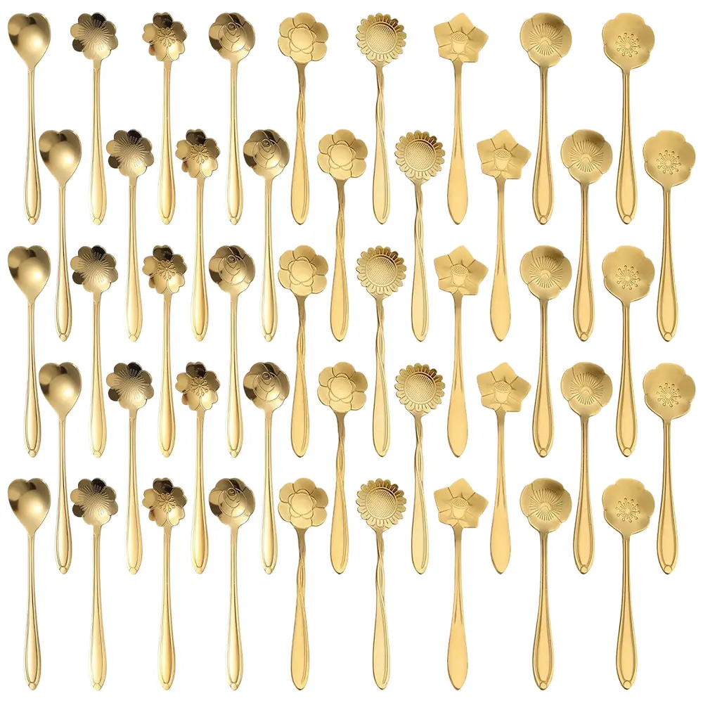45PCS Gold Flower Teaspoon Stainless Steel Tea Party Spoons Mini Cute Teaspoon Stirring Coffee Sugar Drink Demitasse Espresso Spoons for Bridal Shower Wedding Party Favors Decorations