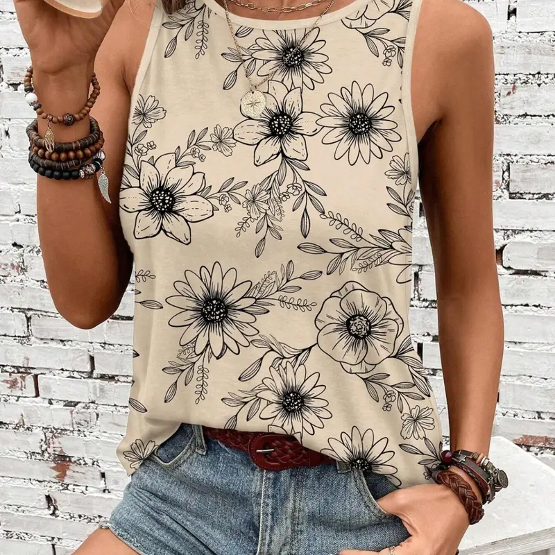 Summer Vacation Floral Print Sleeveless Round Neck Casual Top for Women, Slim-Fitting, All-over Print, Comfortable and Stylish, Boho Chic Sleeveless, Boho Casual Clothes