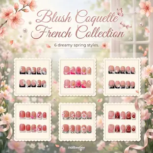 NailBeeBee｜Blush Coquette French Collection｜10PCS Handmade Press-On Nails｜0.8 Inch Short Square｜Reusable Colorful Art Acrylic Stylish｜3D Folral & French Tip