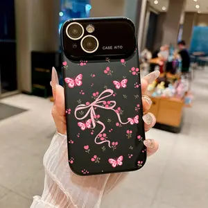 Pink butterflies and blossoms with ribbon charm flutter softly Suitable for iPhone 17 16 15 14 13 12 Mini Plus Pro ProMax Dopamine-hue silicone case—slim, shockproof, full camera protection, microfiber-lined. Minimalist & fresh.