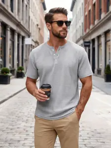 Men's Summer New Henry Collar Waffle Henley Shirt, Unlocking Early Autumn Streetwear Ease, Suitable for Casual Sports | Minimalist Commuter Style TemplStart a Textured Daily Routine with a Cup of Coffee