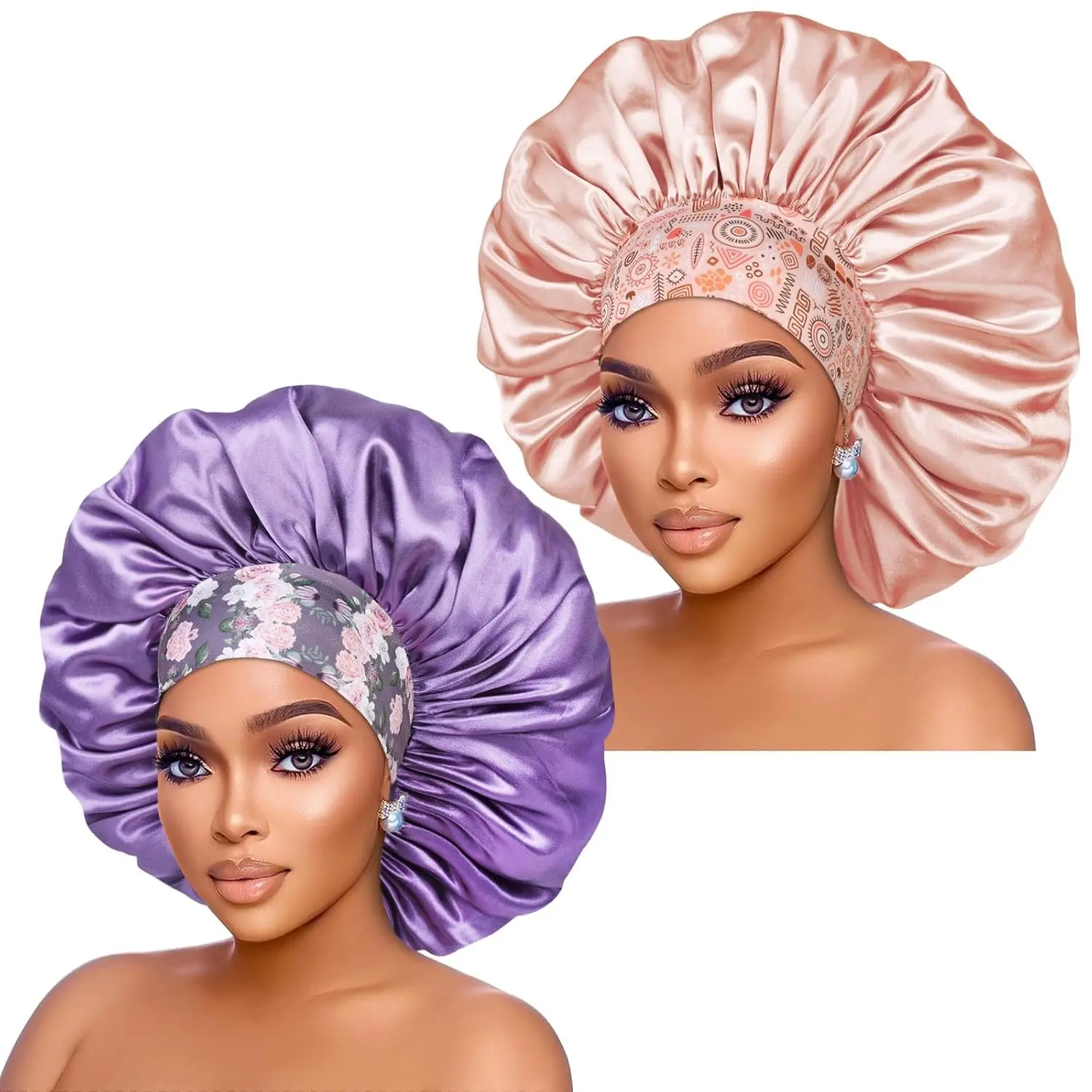 Unisex Hair Care Wrap Silk Satin Bonnet Headbands - 2-Piece 17in Extra Large Jumbo Sleeping Cap Set, Solid Colors Beige & Light Purple