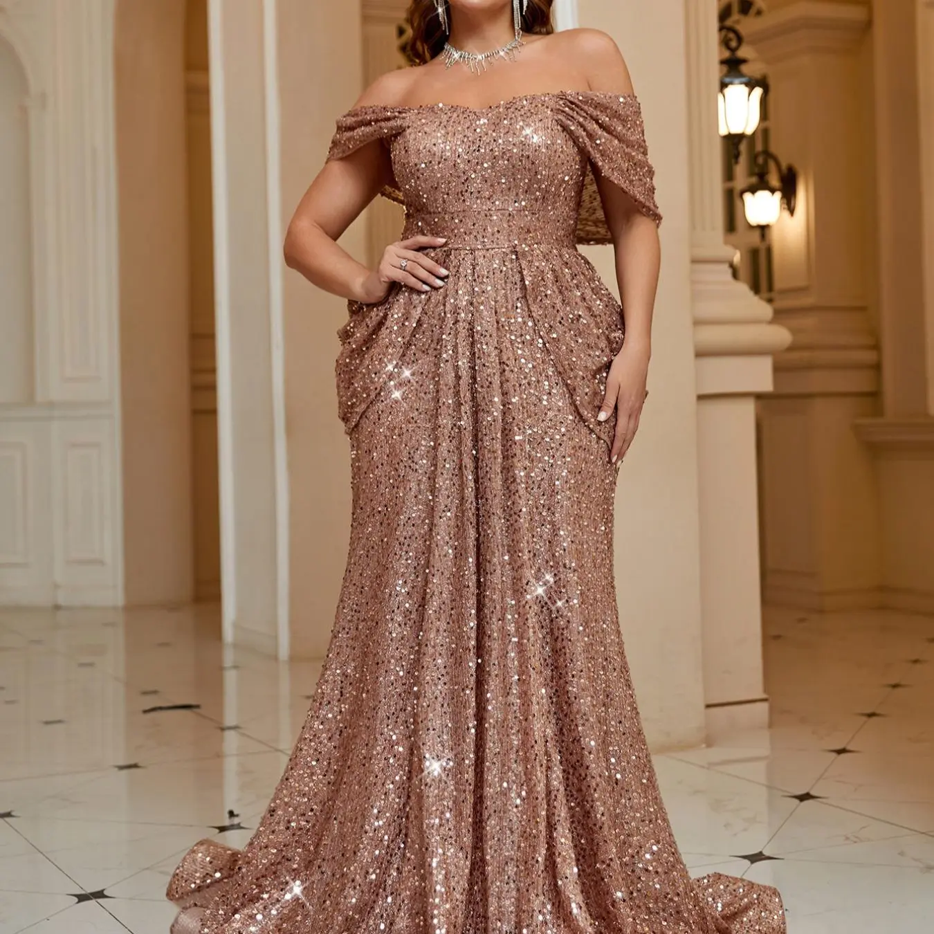 glitter fancy dress Plus Size] Sequins Evening Formal Wear, Elegant Off The Shoulder Evening Party Gown, Women's Clothes for Spring & Fall, Dress, Beautiful Gowns, Womenswear, Glitter Sleeveless Dresses wedding dress big train