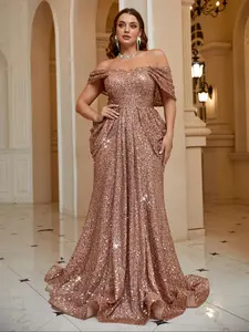 【Plus Size】 Glitter Sequins Evening Dress Formal Wear, Elegant Off The Shoulder Evening Party Gown, Women's Clothes for Spring & Fall