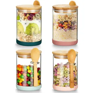 Set of 4 Airtight Glass Jars with Bamboo Lids & Spoons, 17 oz Borosilicate Overnight Oats Containers with Lids, Clear Food Storage Canister for Cookie, Candy, Coffee, Sugar, Matcha Tea, Flour Kitchen Utensils