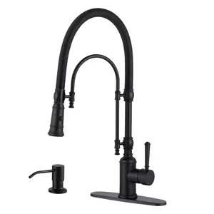 WOWOW Single Handle Pull Down Sprayer Kitchen Faucet Solid Brass with Soap Dispenser in Matte Black