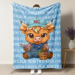 Cute North Carolina Highland Cow Fleece Blanket, NC State Baby Highland Cow with Peanut Basket Graphic Throw, Perfect for North Carolina Pride, State Souvenir & NC Home Decor For Sofa Bedroom Dorm Couch Office