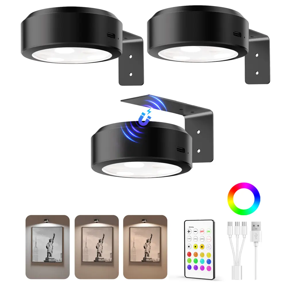 EZVALO Cordless Picture Light, 2000mAh Rechargeable Magnetic Wall Light with Remote, 14 RGB Colors & Timer, Renter-Friendly Art Display Lighting for Paintings Photos Frames Posters Halloween Decor, Modern Mood Lighting, LED Ambient Lighting Gifts
