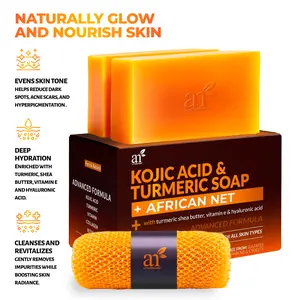 Kojic Acid Soap + African Net Sponge (2 Pack Turmeric Bars) Dark Spot Remover, Hyperpigmentation & Scars
