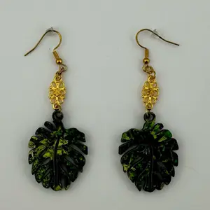 Monstera Glow Earrings – UV Printed Wood with Gold Filigree Accent