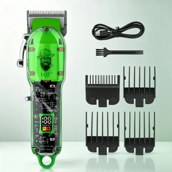 LQT See-Through Green Hair Clipper, Cordless Rechargeable Barber Trimmer with Visible Circuit Board, LCD Display Professional Hair Cutting Tool with Full Accessories