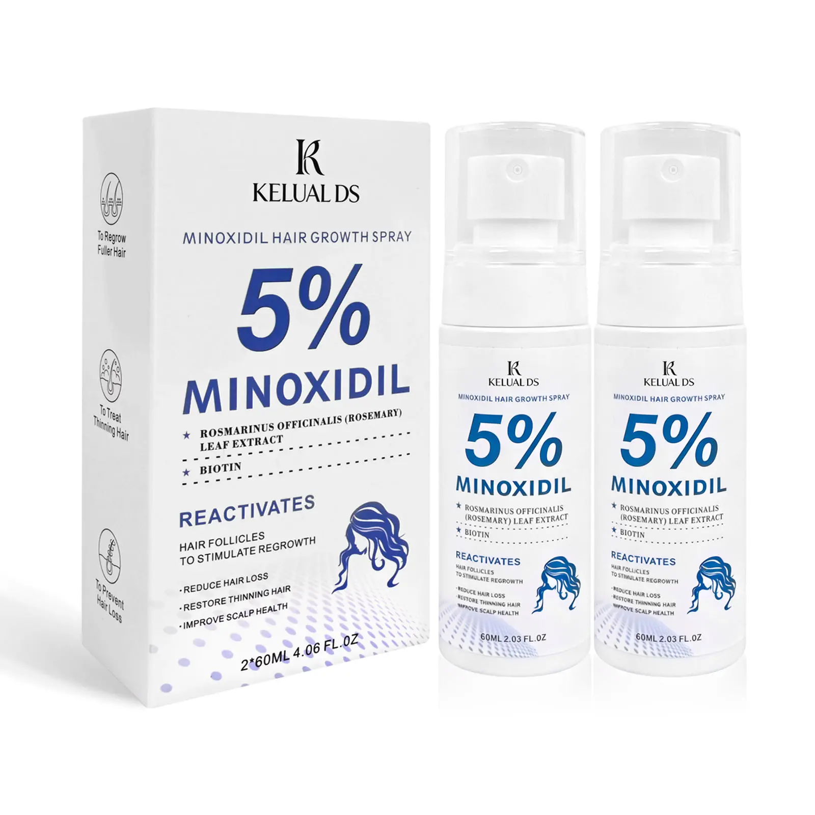 KELUAL DS 5% Minoxidil Unisex Hair Growth Serum, 2x60ML with Aloe Vera & Biotin, Rosemary-Infused Daily Repair, Dermatologist-Recommended Clinically Proven Safe Non-Irritating Haircare
