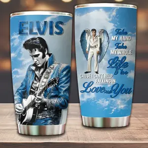 Elvis Presley Blue Guitar 20oz Tumbler, Can’t Help Falling in Love Travel Mug, Rock Fan Gift