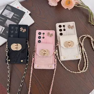 Stylish Silicon Card Holder Crossbody Lanyard Phone Case for Galaxy S21 S22 S23 S24 S25 Plus Ultra FE A13 A14 A15 A16 A24 A25 A26 A36 A32 A33 A43 A35 A53 A54 A55 A56 A73 Exquisite Full-Coverage Drop-Proof black  friday  2025  descuento  exclusivo Ivory Wh