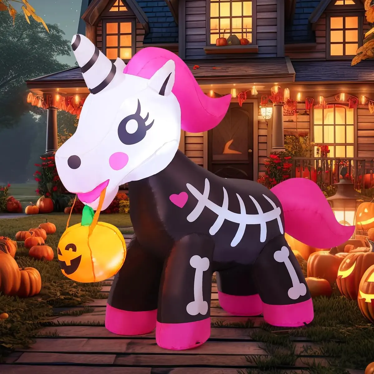 COMIN 5 FT Halloween Inflatables Skeleton Unicorn Outdoor Decorations Blow Up Yard Pink Cute with Built-in LEDs for Indoor Party Garden Lawn Decorspooky season decor, spooky yard decor, halloween yard decor, halloween gift for him and her, 2026 gift