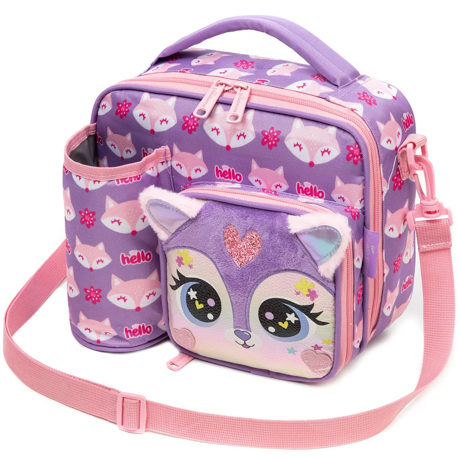 Kids' Insulated Thermal Plush Lunch Bag - Playful Fox Print, 3D Fuzzy Face, Water Bottle Holder, Zipper Closure, Polyester, Shoulder Strap, Leakproof Reusable School Supplies for Girls Toddlers