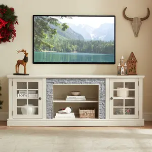 70" Modern TV Stand with 2-Door Storage, Faux Stone Media Console Cabinet, White Large Entertainment Center for Living Room