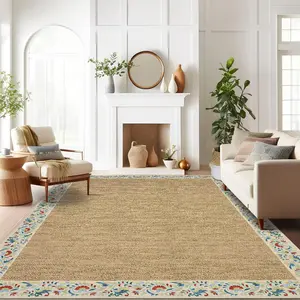 Garvee 5x7 Washable Minimalist Living Room Rug, Soft Non-Slip Floral Bordered Area Carpet, Stain Resistant Indoor Floor Cover for Bedroom, Dining Room, Kitchen in Beige