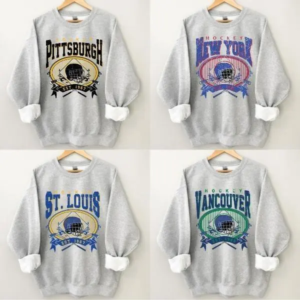 Vintage All Teams Hockey Crewneck Sweatshirt, Vintage Graphic Ash Grey Sweatshirt, New Retro Style Crewneck Sweater, Gift For Men, Gift for Women