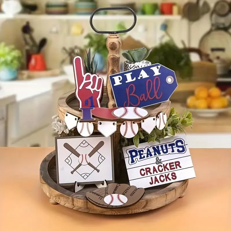 Baseball Themed Wooden Blocks, 12pcs/set Baseball Themed Desktop Decoration, Home Decor for Living Room Bedroom Kitchen, Ornaments