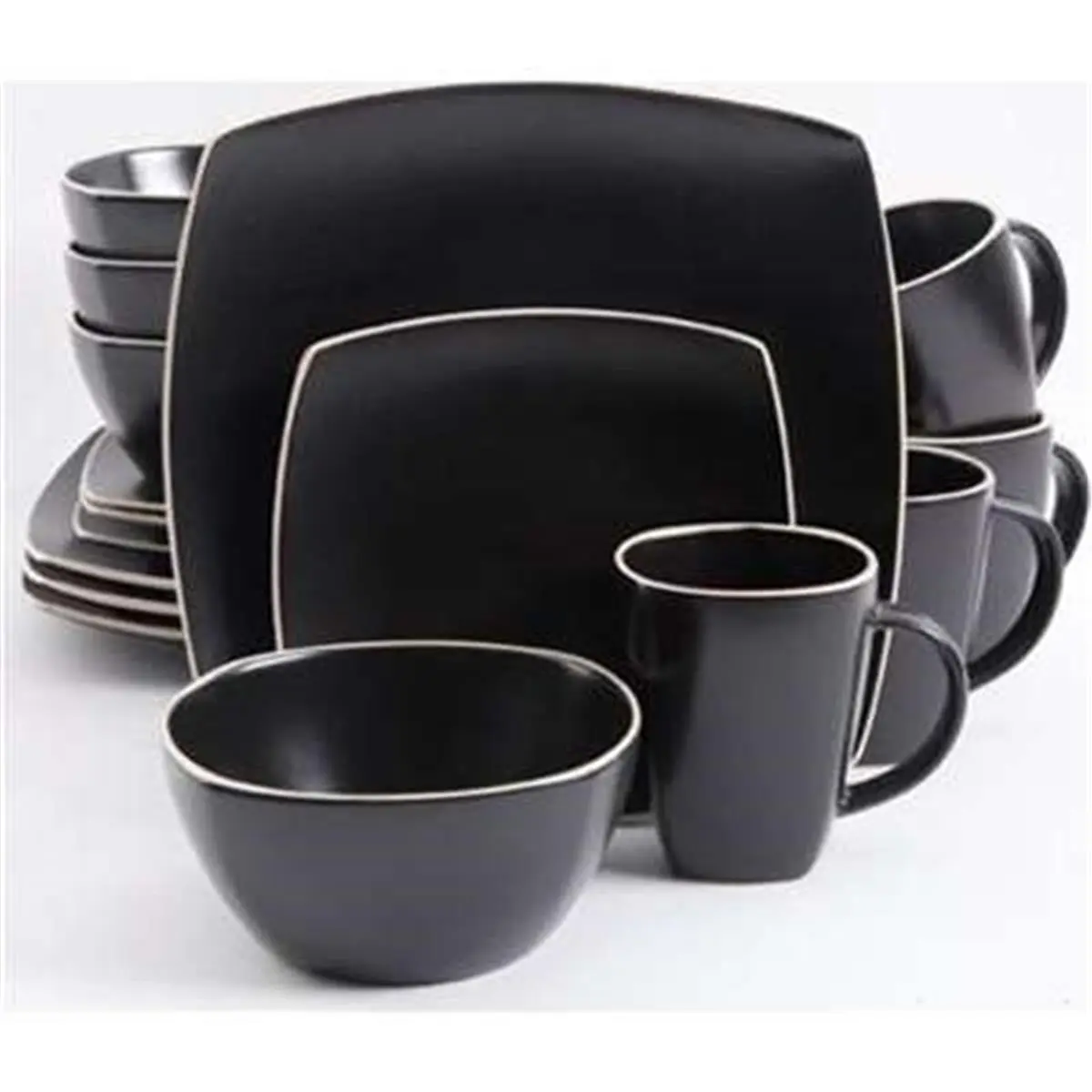 212 MAIN SoHo Lounge 16-Piece Modern Everyday Casual Dining Tableware Set - Matte Black, Unique Rounded Square Dinner Plates, Bowls, Dishwasher Safe for Gatherings