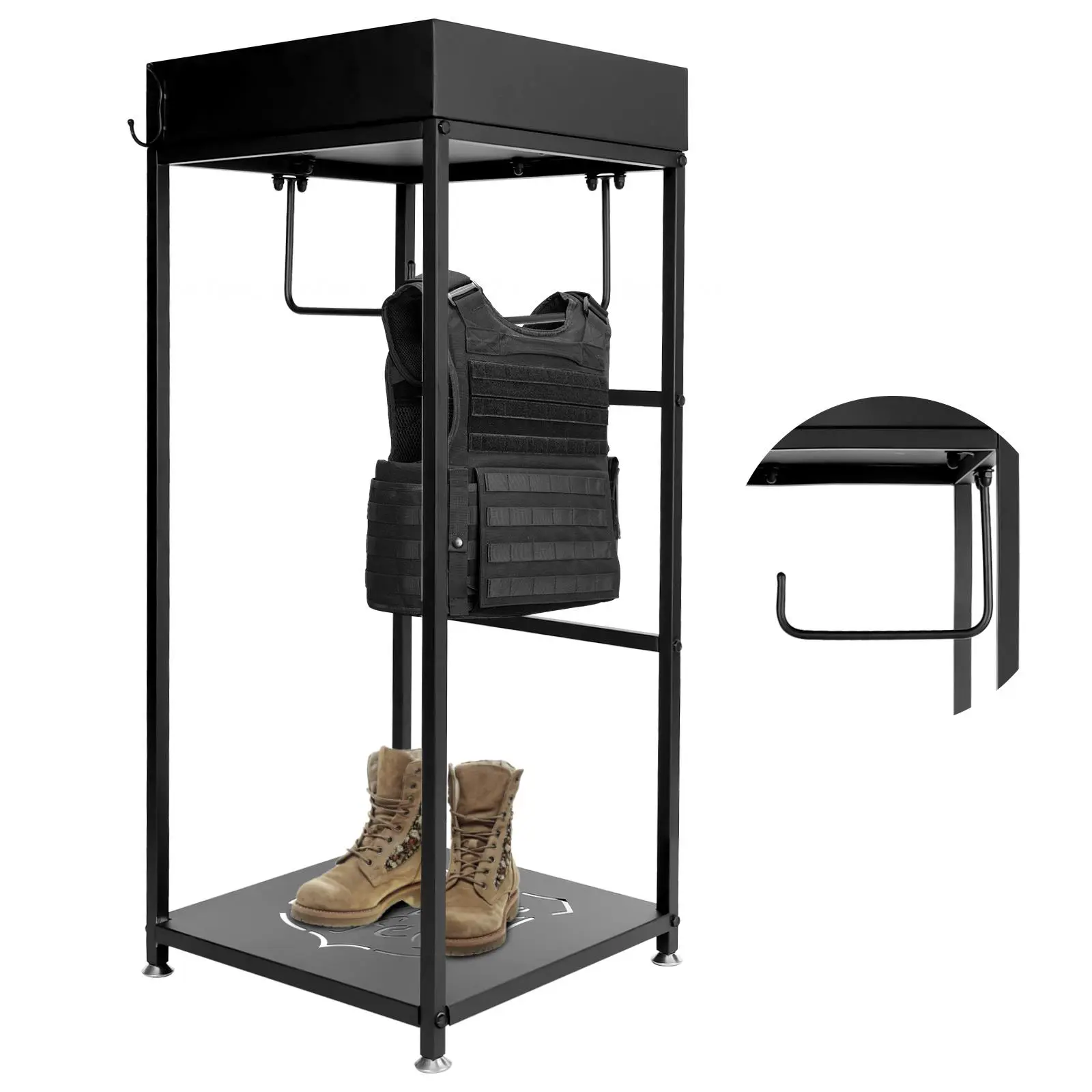 Black Police Gear Organiser Rack - 120lbs Max Metal Frame Hanging Stand with Vest Hook, Basic Rack for On-Duty Safety Personnel (1-Piece)