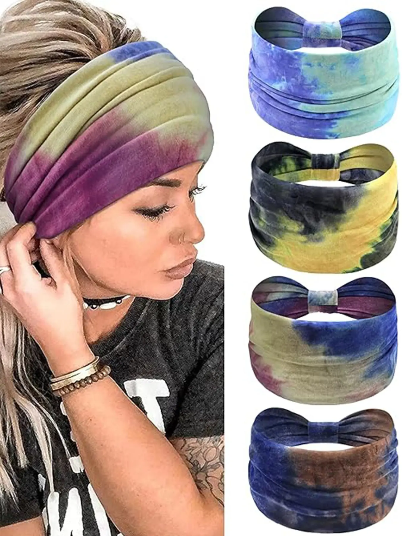 4-Pack Women's Wide Cotton Elastic Headbands, Yoga & Sports Hair Accessories, Sweat-Wicking Cotton Headbands, Tie-Dye Style, Stretchy Headbands