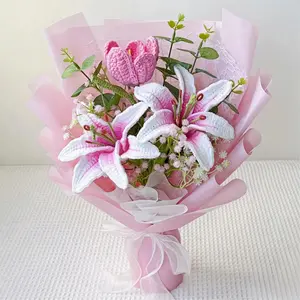Handmade Crochet Lily Bouquet – Pink Stargazer Lilies, Handmade Yarn Flowers