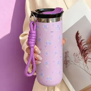 1pc 500ML Watercolor Rose Heart Pattern Stainless Steel Insulated Coffee Cup, Travel Mug, Tumbler, Office Cup, Home Use, Holiday Gift