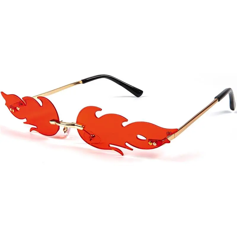 Fire Flame Sunglasses for Kids & Women, Halloween Retro Wave Rimless Glasses, Fire Shaped Gold Metal Frameless Glasses