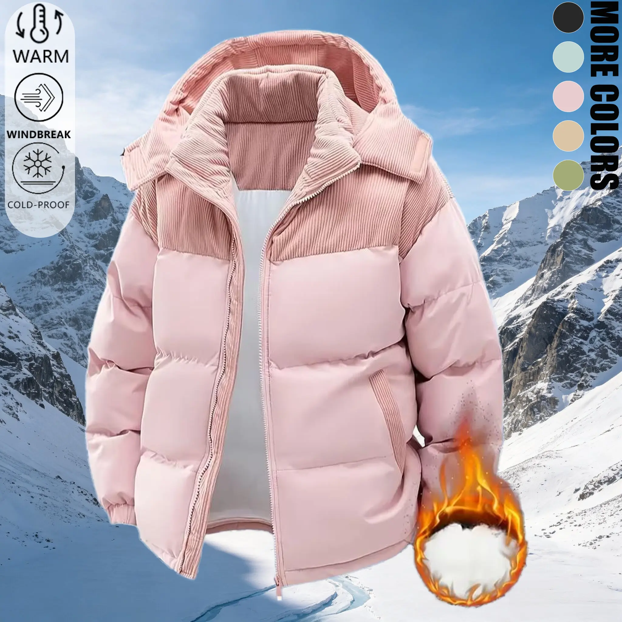 Women's Polyester Patchwork Hooded Thick Thermal Down Jacket - Long Sleeve Tops for Women, Casual Sweet Winter Outerwear with Contrast Binding, Windproof, Cold-Resistant, Color-Block Figure-Flattering Comfortable Commuting Coat
