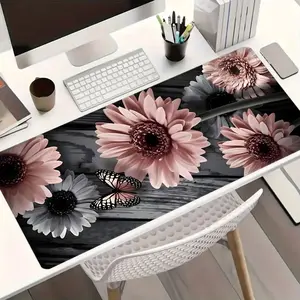 Pink Gray Gerbera Daisy On Wood Pattern Large-Sized Gaming Mouse Pad, 3mm Thickened Rustic Floral Desktop Protection Pad, Anti-Slip Rubber Lock Edge High-Definition Printing, Suitable For Computers, Laptops, Offices, Homes, Schools, Great Gift
