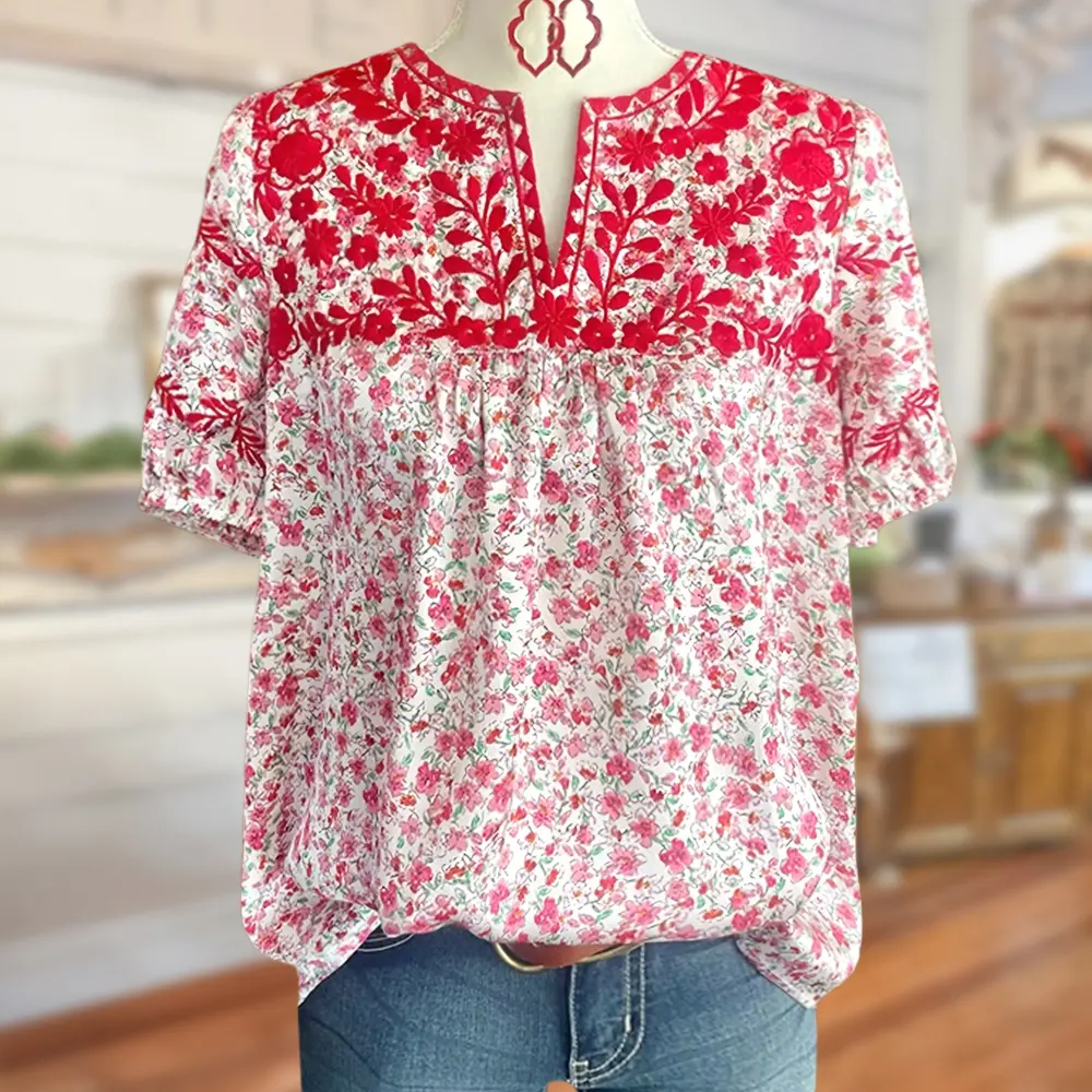 Sage Vell Red Floral Embroidered Blouse White Base Floral Print V Neck Puff Short Sleeve Loose Fit Casual Boho Top For Daily Vacation Beach Office Wear
