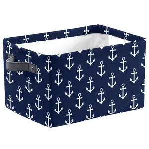 Navy Blue Anchor Storage Basket, Toy Storage Box Bookshelf Basket Large Rectangular Foldable Dirty Clothes Storage Basket Nautical Decor