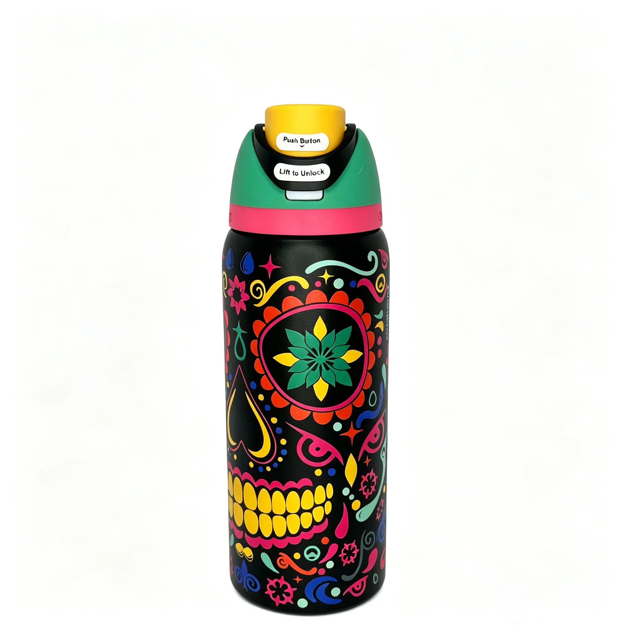 Owala 32oz Vibrant Sugar Skull Day of the Dead Vacuum Insulated Travel Tumbler - Stainless Steel Thermal Lock Lid Drinkware, Icey Cold Drink-Keeping Flask Water Bottle for Skull Art Lovers (Novelty Drink Bottle Flask), Flasks, Water Bottles