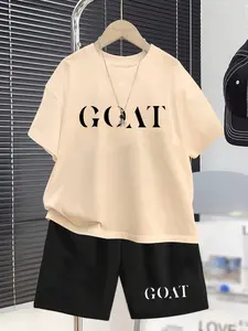 GOAT Minimalist Letter Kids' Casual Short Sets, All Black Breathable Fabric, Boys' High Street Stylish Tee & Shorts