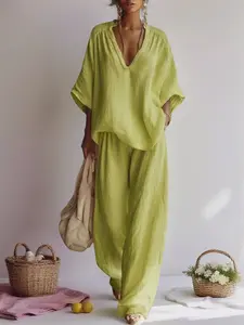 2 Piece Sets Women Summer Outfit – V Neck Loose Top & Wide Leg Pants, Linen Casual Lounge Matching Set, Comfy Vacation Travel Outfit Plus Size