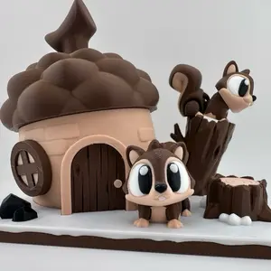 Squirrel Nut Container Habitat Desk Decoration for Home or Work and Imaginative Play Set 3D Printed with Adorable Squirrel Figures and Acorn House