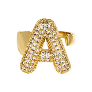 Cicy Bell 14k Gold Plated Initial Rings Valentine's Day gift for Women Personalized Sparkling Cubic Zirconia Open Design Statement Jewelry Gifts for Her