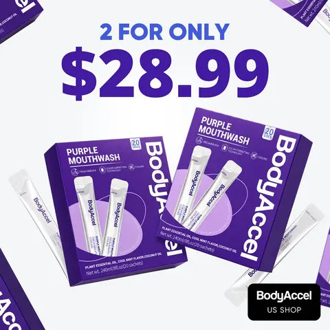 【BodyAccel】Purple Mouthwash For Teeth Whitening, Freshens Breath, Gum Health, Hydrating, Anti-Bad Breath & Plaque, Alcohol-Free, Mint Flavor Travel Portable Pack (20 Sachets) #backtoschool