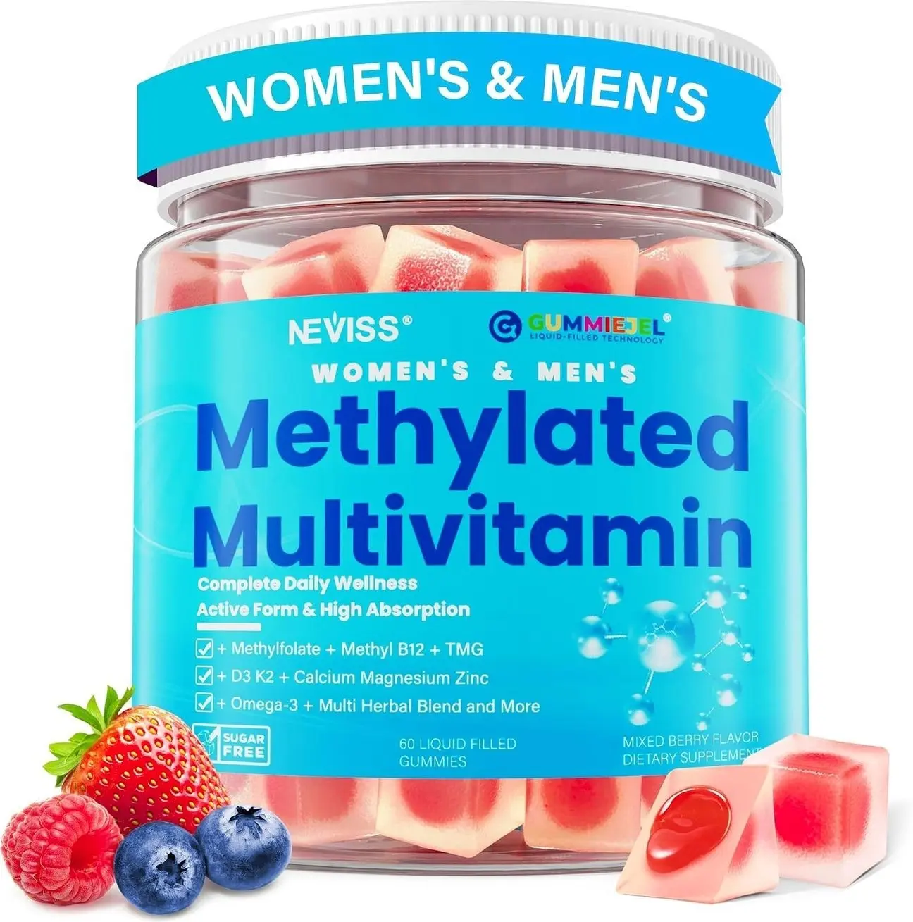 Methylated Multivitamin for Women & Men Gummies w/ Omega-3, Calcium, D3 K2, Methylfolate & B12, TMG, Daily Vitamin A, C, E, B Complex, Magnesium, CoQ10, Probiotic for Overall Health- Vegan, Sugar Free