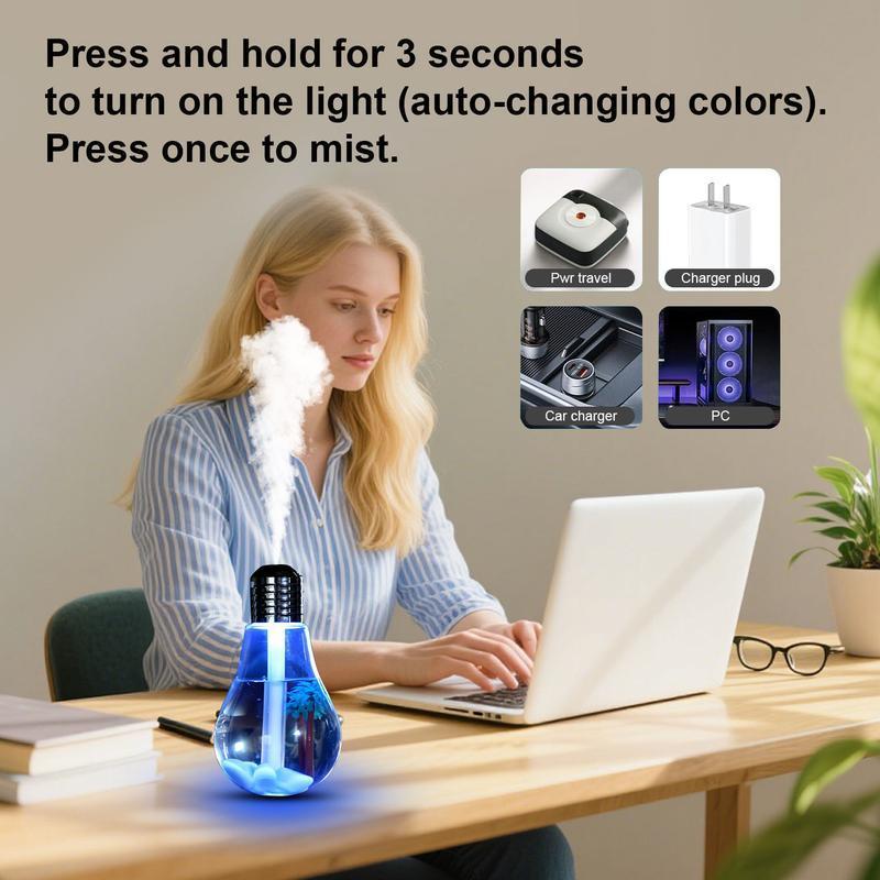 Automatic color-changing light bulb humidifier: 400ml aroma diffuser with decorative PET inner liner, 6-hour silent spray function, essential oil diffuser, suitable for home, office, yoga, and other occasions.