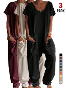 Womens Casual Short Sleeve Jumpsuits V Neck Baggy Romper Stretchy Comfy Wide Leg Jumpsuit with Pockets