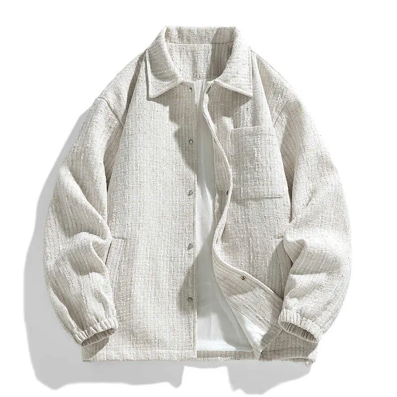 Men's Versatile White Textured Woven Jacket Retro Casual Collared Button-up Streetwear Coat for Enthusiasts, Smart Buy, Classic Design and Chic Style, Smart Buy, SmartCasual, ModernStyle, CasualStyle, AthleisureFit
