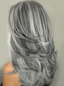 16 Inch Gray Layered Wig, Long Layered Cut Wig for Women, Heat Resistant Synthetic Wig