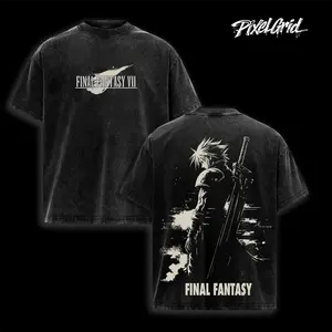 Final Fantasy VII Vintage Washed Tee Unisex Heavyweight Cotton T-shirt for Game Fans, Graphic Tees shirts men Fabric Menswear Tshirt unisex cotton streetwear Tops Black